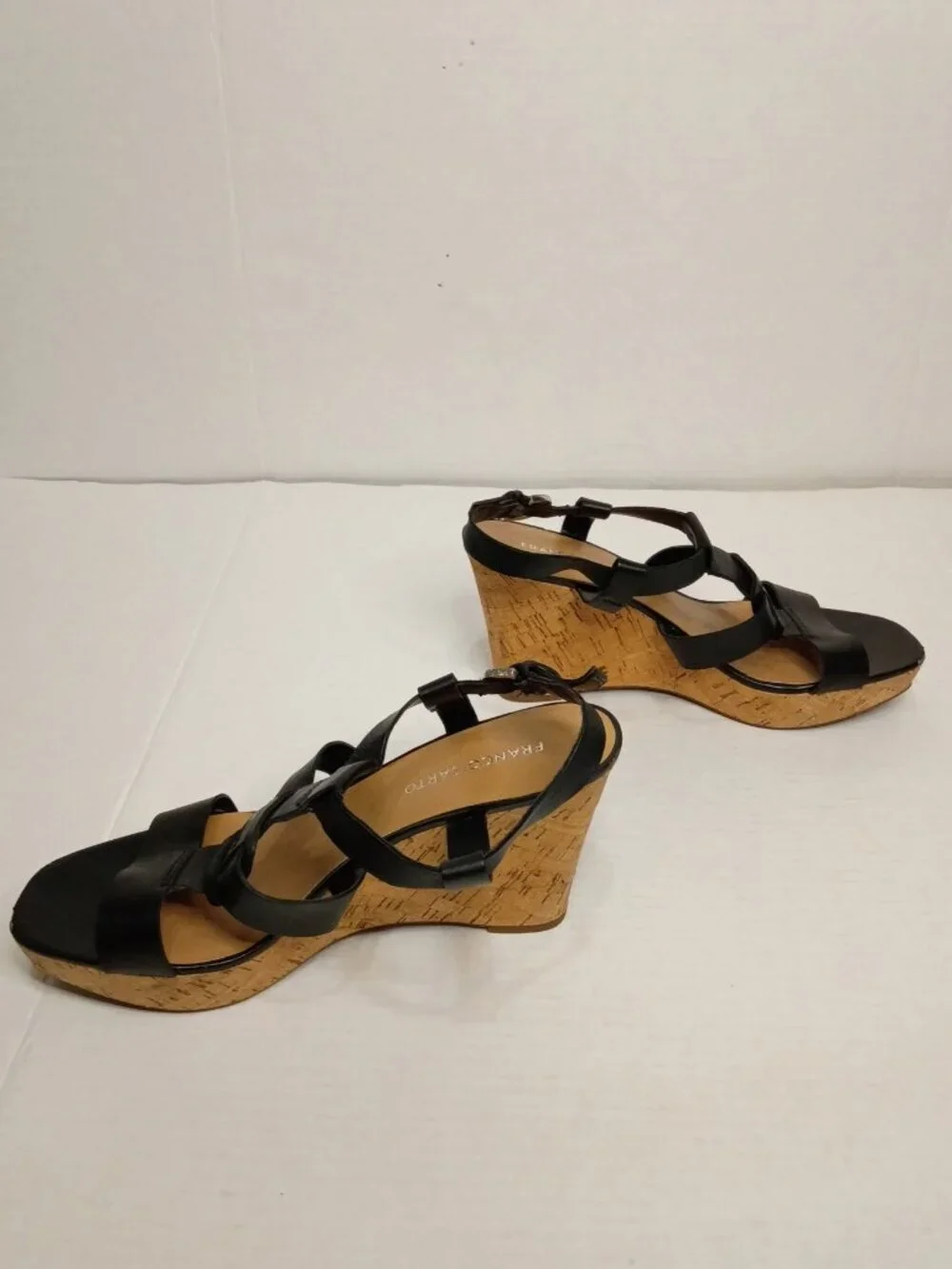 Franco Sarto Cera Black Leather Strappy Cork Wedge Sandals Size Women's 9.5 M
